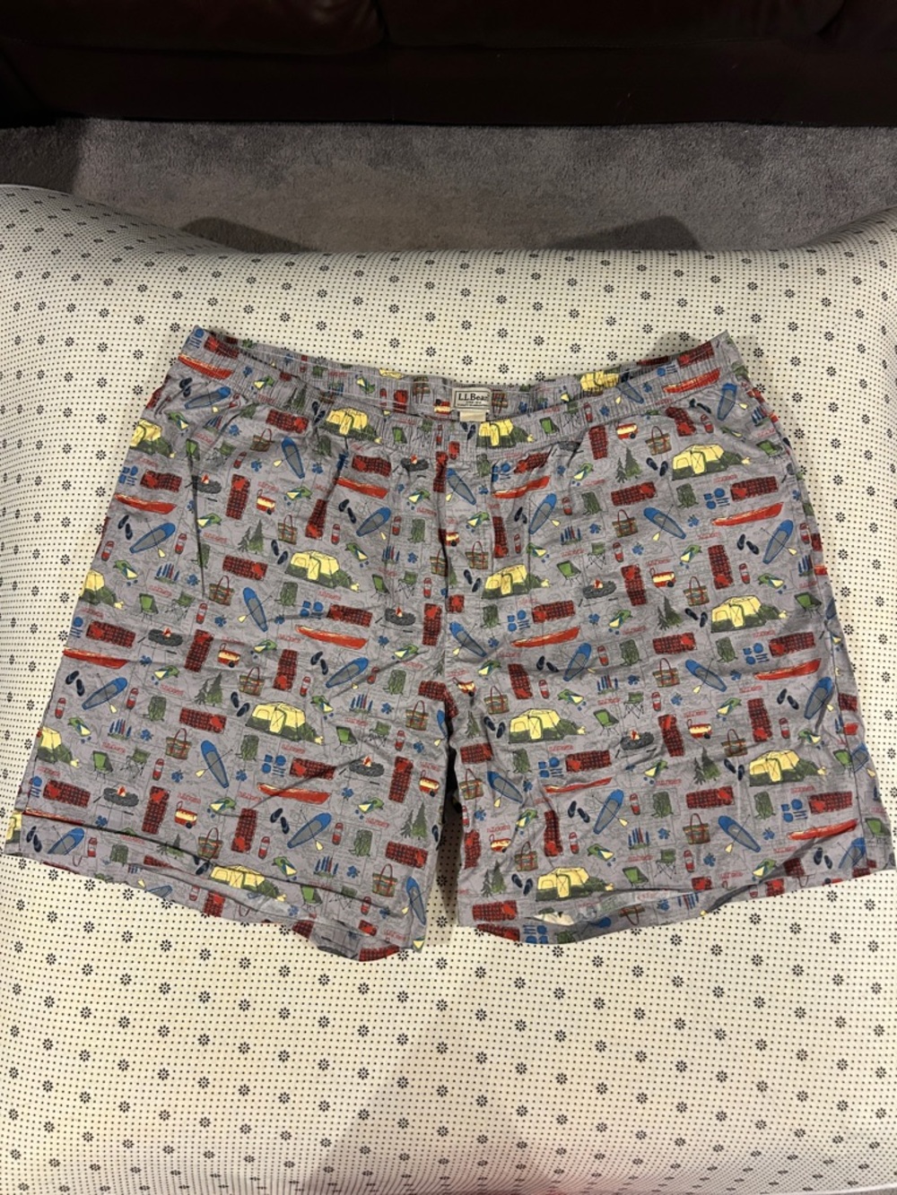 L.L. Bean Gray Men’s Flat Front Shorts with Multicolor Adventure Print